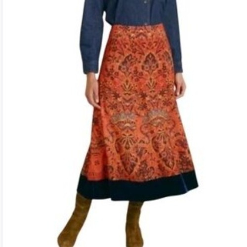 Soft Surroundings Orange Paisley Blue Velvet A-line Boho Midi Skirt Petite XL